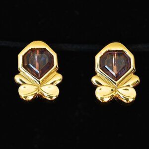 Nina Ricci Gold Tone Earrings With Purple Stone & Bow